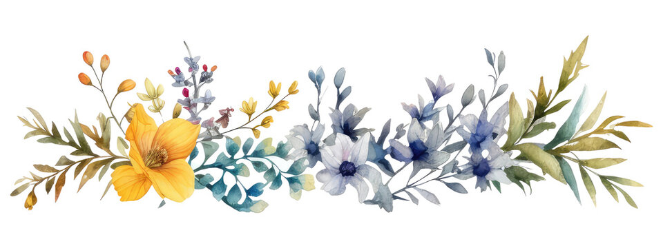 watercolor flowers wildflower border isolated on transparent background © kharom