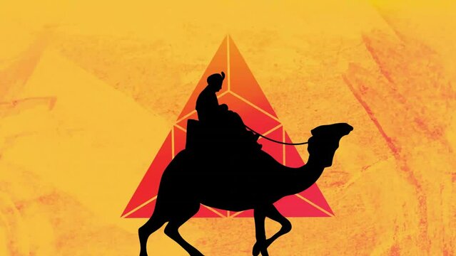 Animation of black silhouette of man on camel over orange triangle on yellow background