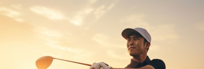 Asian Male Golfer On Grassy Green Playing Golf At Sunset Generative AI