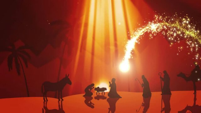 Animation of shooting star over christmas nativity scene in winter scenery background
