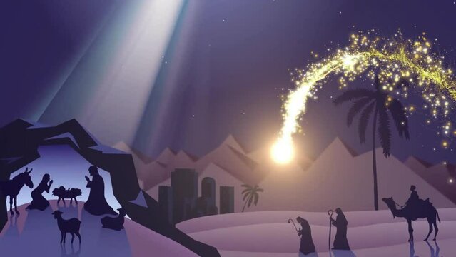Animation of shooting star over christmas nativity scene in winter scenery background