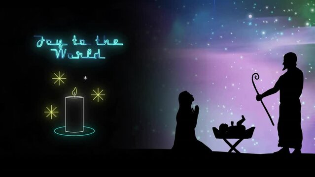 Animation of joy to the world text over christmas nativity scene background