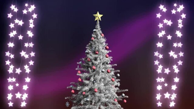 Animation of star fairy lights over christmas tree in winter scenery background
