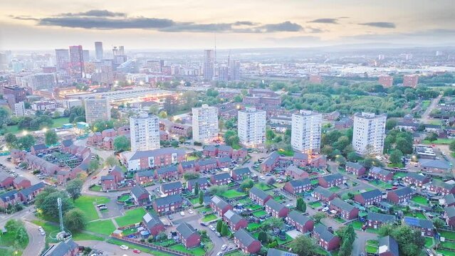 Drone shot urban residential area Manchester City in North England