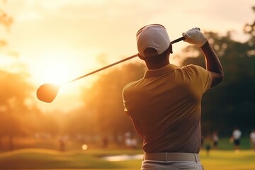 Asian Male Pro Golfer On Felt Golfing At Dusk With Sunshine Generative AI