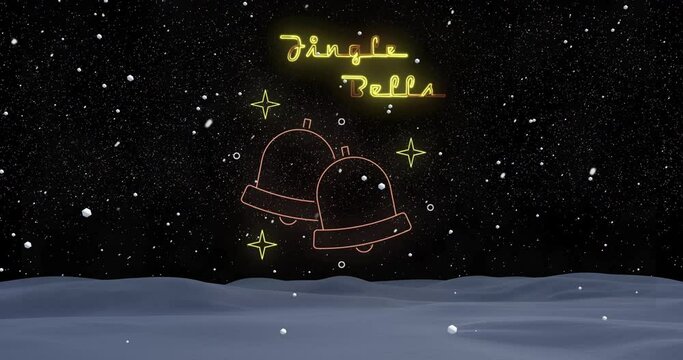 Animation of jingle bells text over winter scenery background