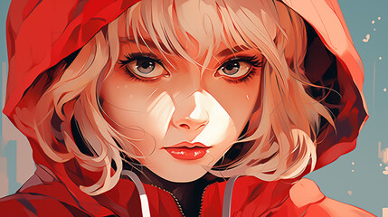 正面を見つめる赤いフードを被った少女