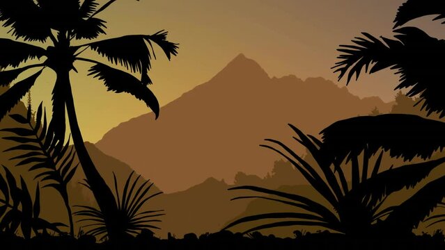 Animation of silhouette of palm trees over mountains on brown background