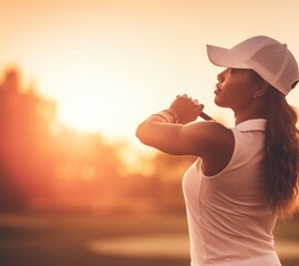 Black Female Pro Golfer On Grassy Green Golfing At Sunset Generative AI
