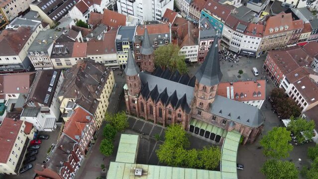 Aerial cityscape of Kaiserslautern downtown and medieval Church in the old city. Aerial