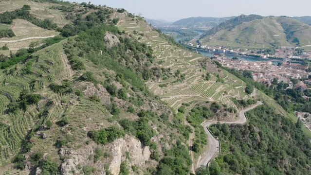 Aerial View Of The Hill Of Hermitage In France's Northern Rhone Wine Region At Daytime - drone shot