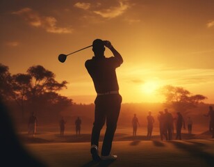 Black Male Golfer On Fairway Golfing At Sunset Generative AI