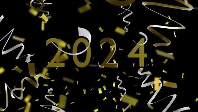 Animation of 2024 party streamers and confetti on black background