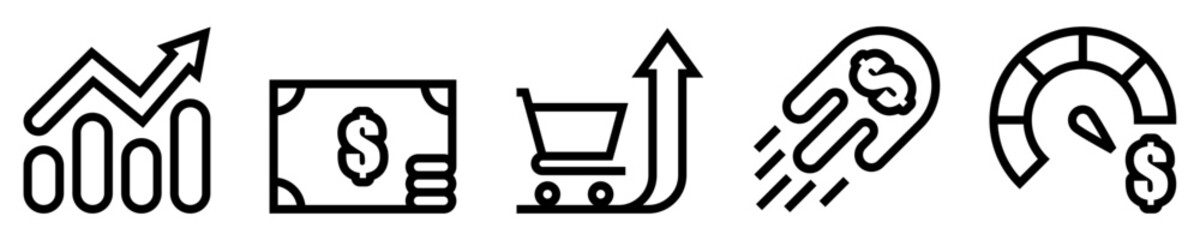Obrazy na Plexi  Conjunto de iconos de inflación. Crisis económica. Gráfico ascendente, Billetes, flecha hacia arriba, meteorito inflacionario, velocímetro de dinero. Ilustración vectorial