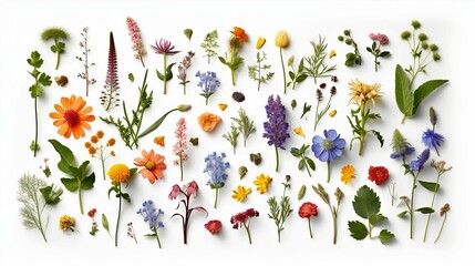 Selection of wildflowers isolated on a white background. AI-generated.