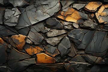 AI generated illustration of a texture of stone stacked wall with golden accents