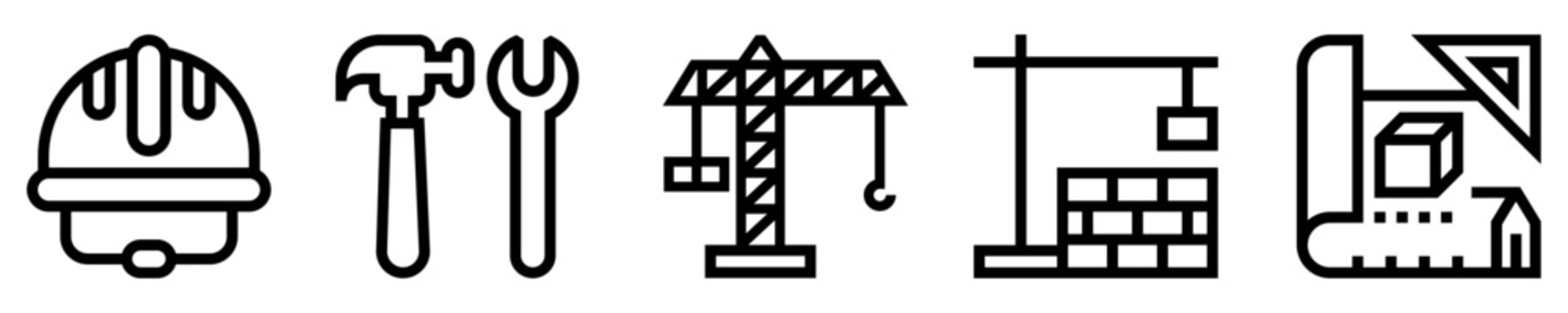 Conjunto de iconos de construcci&oacute;n. Arquitectura. Casco de seguridad, herramientas, gr&uacute;a, edificaci&oacute;n, plano del proyecto. Ilustraci&oacute;n vectorial