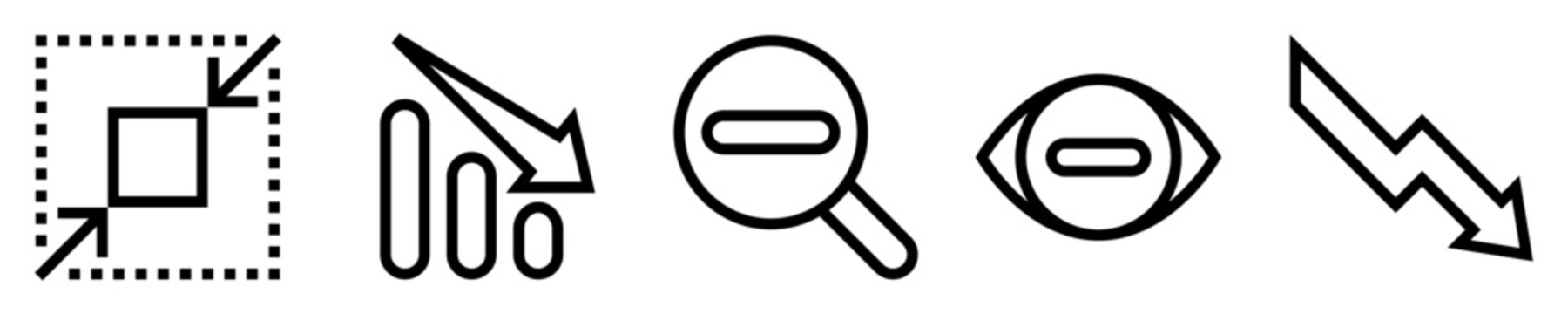 Conjunto de iconos de disminuir. Reducir pantalla, Grafico de descenso, lupa de reducci&oacute;n, minimizar vista, flecha de decrecimiento. Ilustraci&oacute;n vectorial