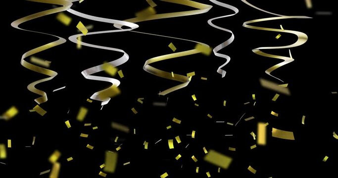Animation of party streamers and confetti on black background