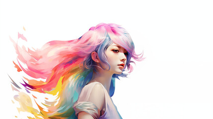 カラフルな髪をなびかせる女性のイラスト