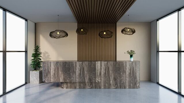 Interior Design animation contemporary and luxurious modern reception desk, 3D illustration rendering