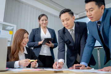 Office Conference Business Meeting Presentation: asian Business people group meeting Talks, Uses Wall TV to Show Company Growth with Big Data Analysis, Graphs, Charts, Infographics, e-Commerce Startup