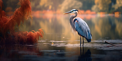 heron at sunset,Great blue heron
Birds,Pin by Julia Broadley on animals to on water, Birds of Beauty: Sunset Reflections with Majestic Great Blue Heron ,bird watching hobby, Generative Ai
 - obrazy, fototapety, plakaty