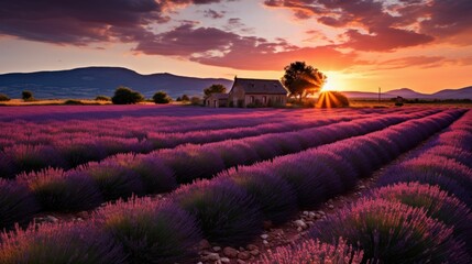 AI generated illustration of a beautiful sunrise over a sprawling lavender farm with a farmhouse