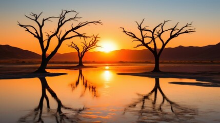AI generated illustration of trees in a lake at sunset creating a peaceful atmosphere