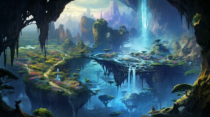 AI generated illustration of an underground cave with waterfalls, surrounded by lush green forest