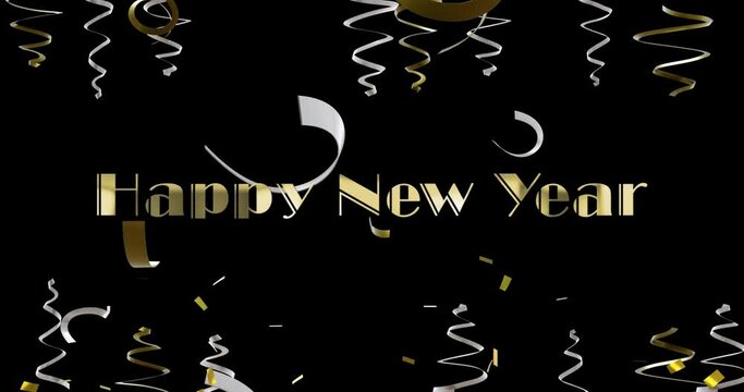 Animation of happy new year text, party streamers and confetti on black background