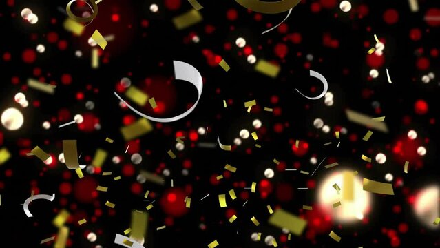 Animation of party streamers and spots on black background