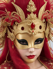 woman with carnival mask, red and gold
