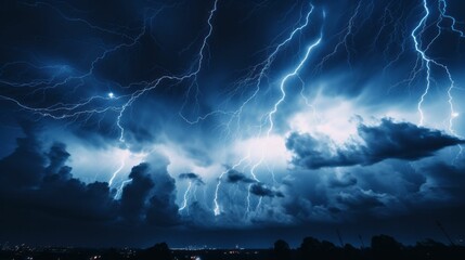AI generated illustration of a dramatic night sky illuminated by a powerful lightning bolt