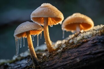 Fototapeta premium AI generated illustration of mushrooms resting atop a wooden surface, covered with a layer of ice