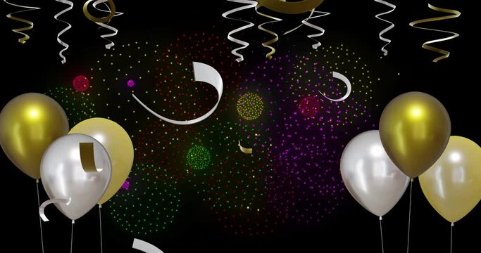 Animation of gold and silver balloons with fireworks on black background