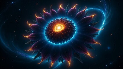 AI generated illustration of a vibrant flower against a starry night sky, emerging from the cosmos