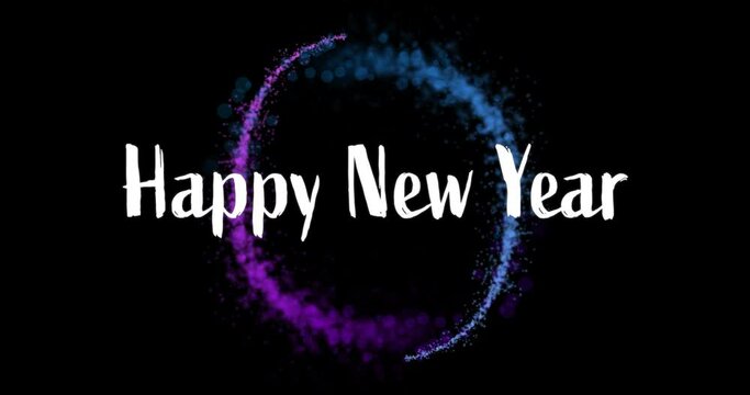 Animation of happy new year text over glowing light trails on black background