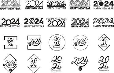 2024 Happy New Year logo text design Set. Vectors illustration with Black labels logo for diaries, notebooks, calendars. 2024 number design template. Happy New Year symbols on transparent background.