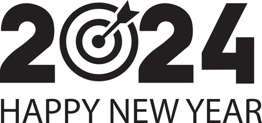 2024 Happy New Year logo text design. Vector illustration with black labels logo for diaries, notebooks, calendars. 2024 number design template. Happy New Year symbol on transparent background.