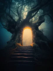 Papier Peint photo Vielles portes AI generated illustration of an old illuminated entryway carved into a magical tree