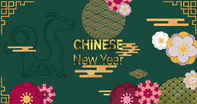 Animation of chinese new year text and dragon symbol with chinese pattern background