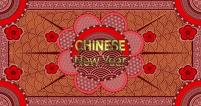 Animation of chinese new year text and dragon symbol with chinese pattern background