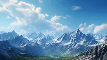 AI generated illustration of a majestic mountain with snow-capped peaks and lush valley below