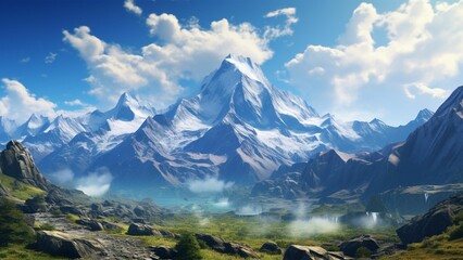 AI generated illustration of a majestic mountain with snow-capped peaks and a lush valley below
