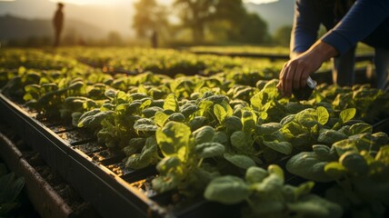AI generated illustration of a farmer harvesting freshly grown organic green vegetables in a farm - obrazy, fototapety, plakaty