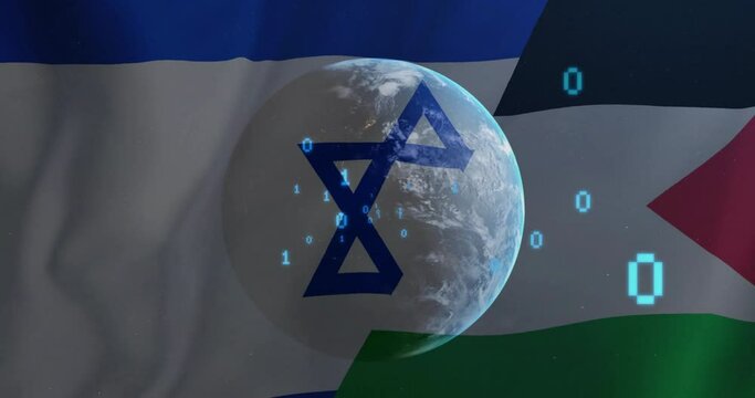 Animation of binary coding and globe over flag of israel and palestine