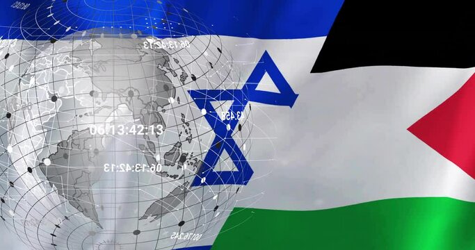 Animation of globe over flag of israel and palestine