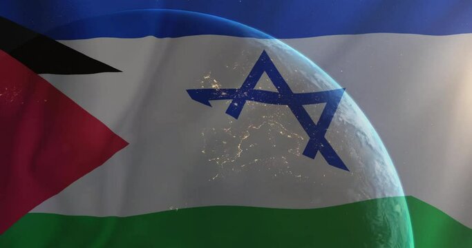 Animation of globe over flag of palestine and israel