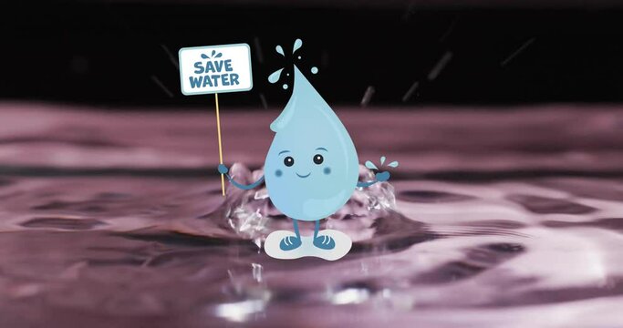 Animation of save water text on sign held by water droplet on water background